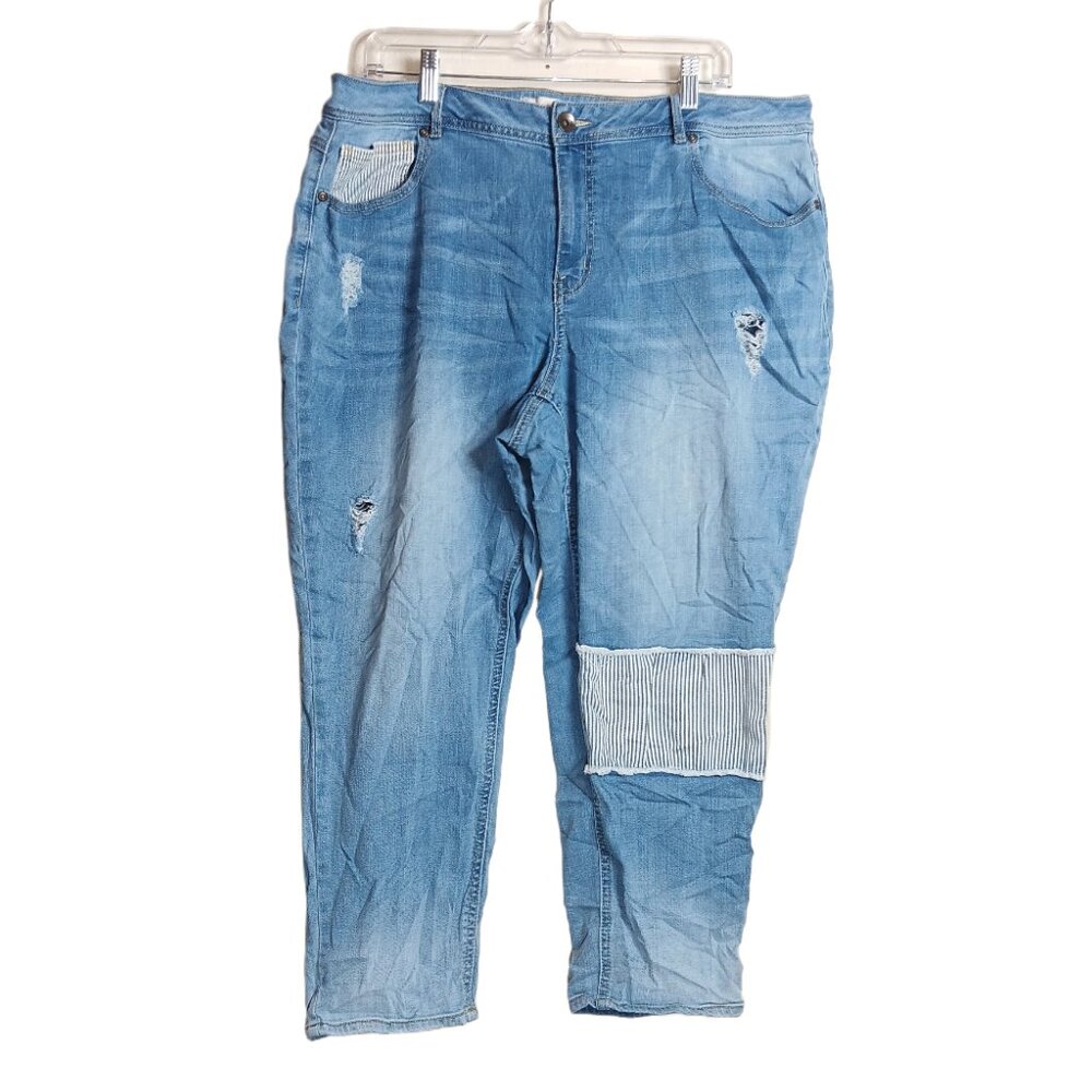 Est. 1946 Denim Skinny Jeans Womens 18W Light Wash Distressed Boho Striped Patch